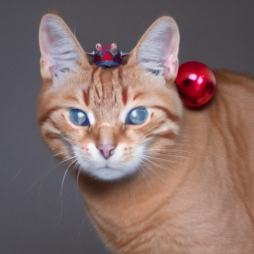 Pomarańczowy kot z koroną na głowie i czerwona bombka obok